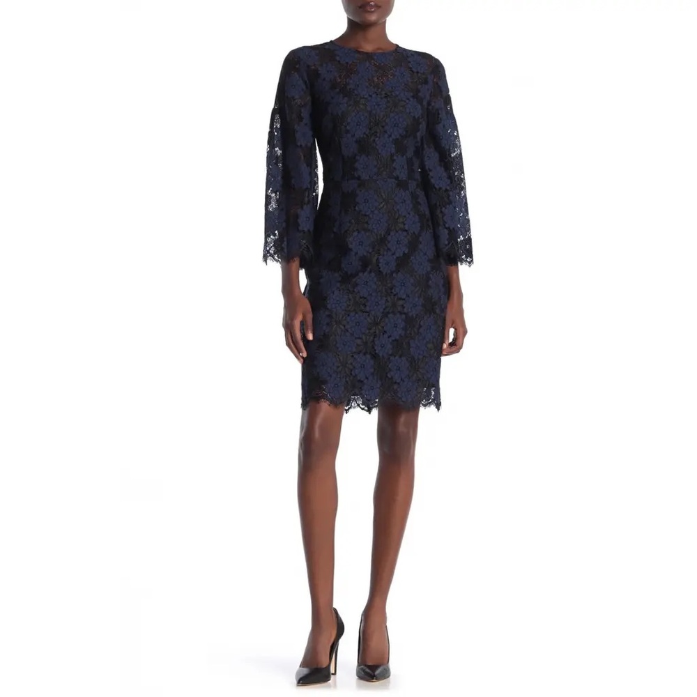Trina Turk Jinnie Long Bell Sleeve Floral Lace Sheath Dress in Black & Blue Sz 4